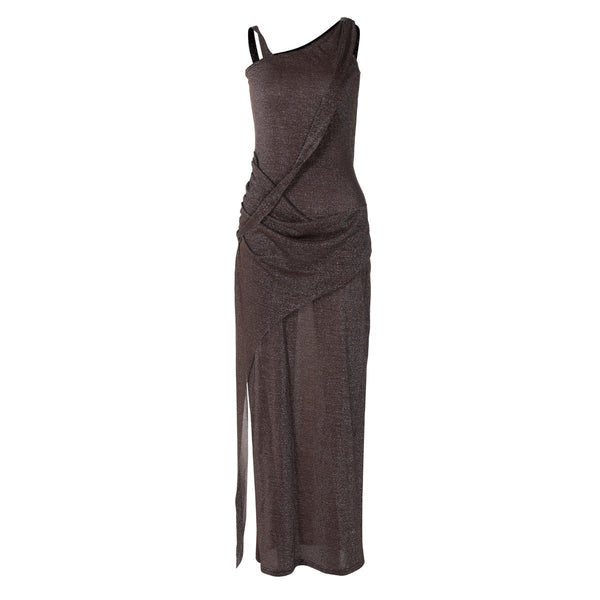 Robe longue fendue à une épaule pailletée 