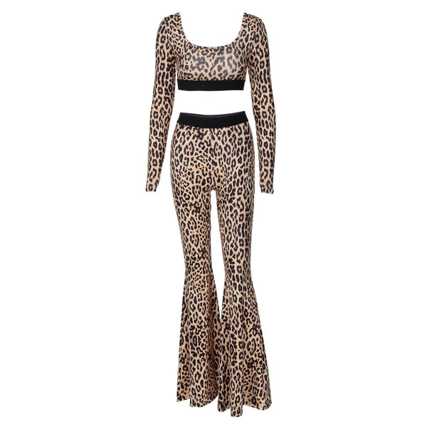 Ensemble pantalon taille haute à col en U et imprimé léopard 