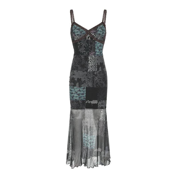 Robe midi camisole en maille avec col en V et ourlet en dentelle imprimée 