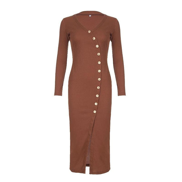 Robe midi irrégulière à manches longues, boutonnée, fente haute, col en V 