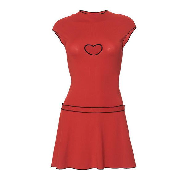 Robe mini à manches courtes et broderie cœur | Robe tango rouge 