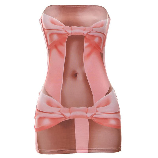Mini-robe tube contrastée à imprimé nœud papillon et dos nu 