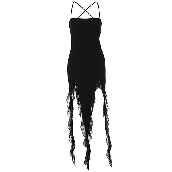 Robe longue à volants croisés dans le dos et lacets unis | Robe noire rave 
