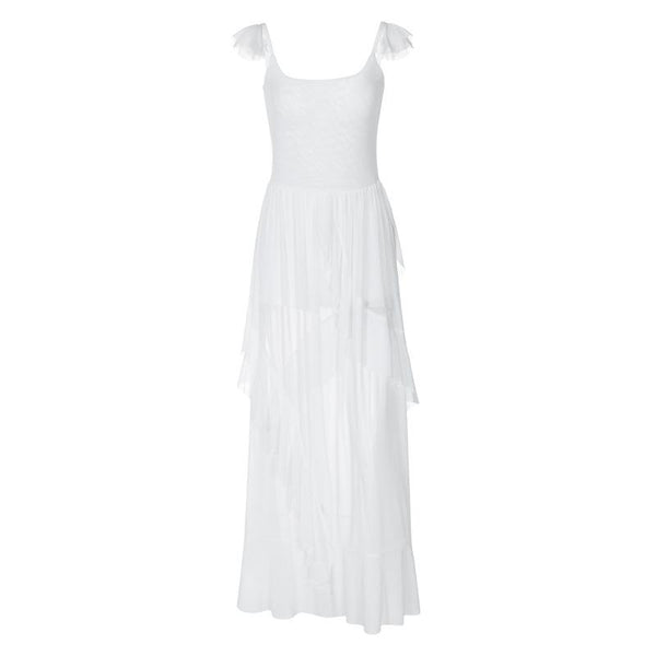 Robe longue en maille transparente à col carré et volants froncés | robe Samba 