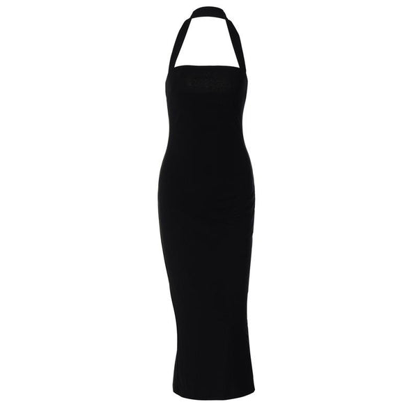 Robe midi dos nu fendue unie à licou 