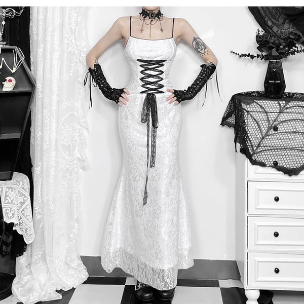 Robe longue camisole zippée croisée en dentelle 