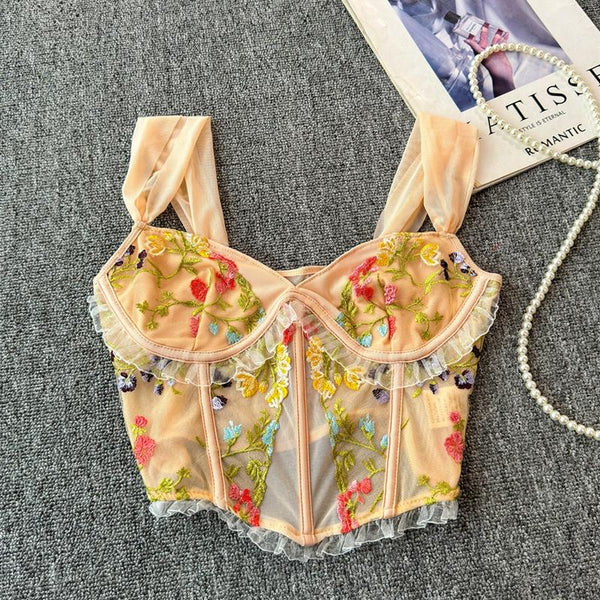 Haut caraco bustier en maille brodée de fleurs 
