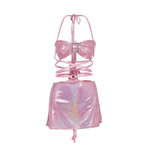 Mini-robe licou à paillettes métallisées avec appliques papillon 