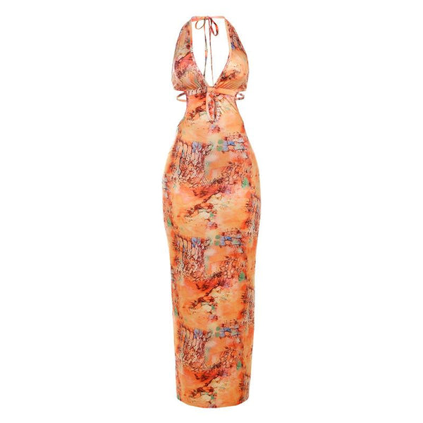 Robe longue dos nu à imprimé licou et col en V profond 