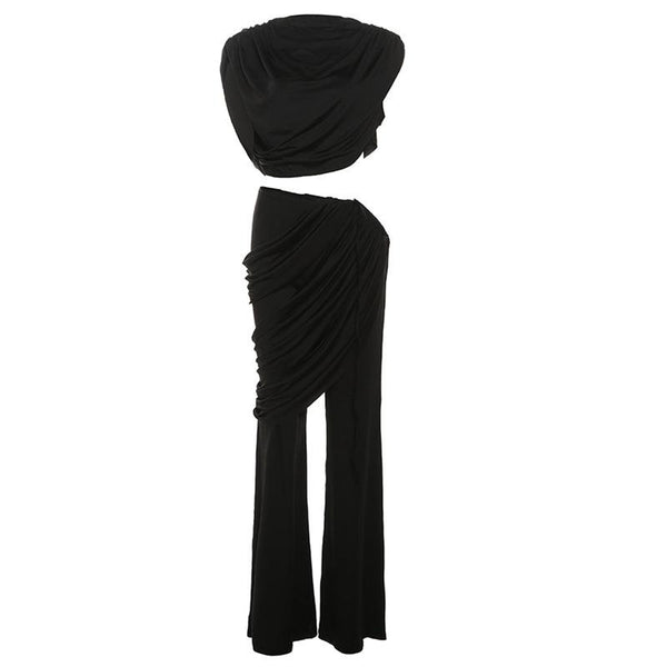 Ensemble pantalon uni froncé à manches courtes 