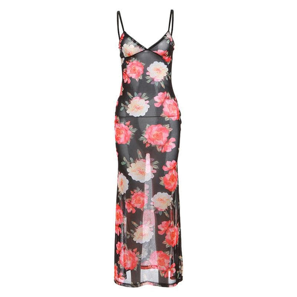 Robe longue camisole en maille transparente à imprimé fleuri | robe Samba 