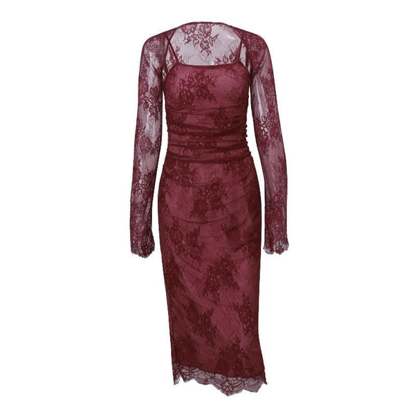 Robe midi 2 pièces à lacets et manches longues | Robe tango rouge 