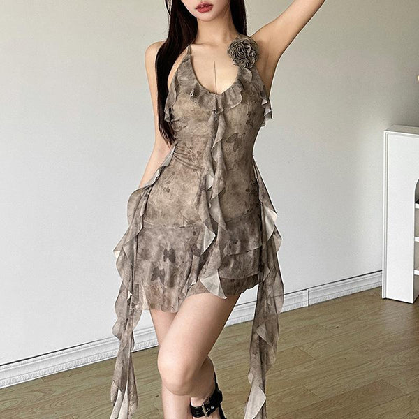 Mini-robe licou en maille à imprimé papillon tie-dye avec appliques roses 