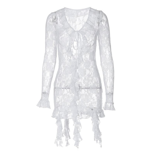 Robe courte transparente en dentelle à volants et manches longues évasées | robe tango rouge 