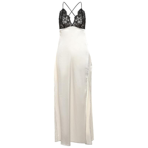 Robe longue camisole fendue haute avec dos nu et fermeture éclair en dentelle 