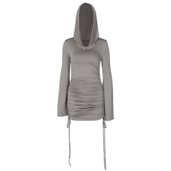 Mini-robe à capuche et manches longues avec cordon de serrage froncé 