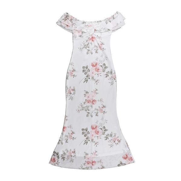 Robe longue à imprimé fleuri froncé et épaules dénudées 