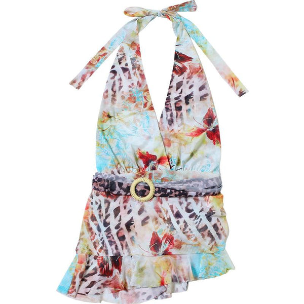 Robe courte en maille transparente à imprimé licou irrégulier et décolleté en V profond | robe samba 