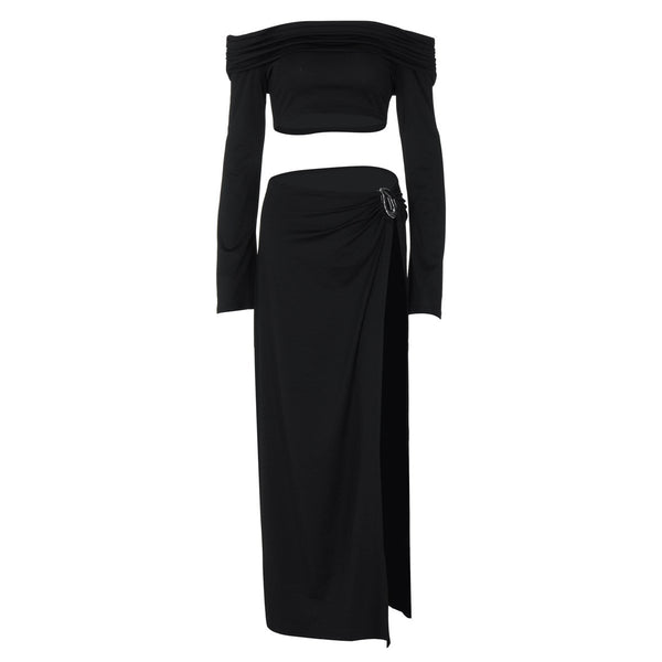 Robe longue fendue à manches longues et épaules dénudées | Robe de tango rouge 