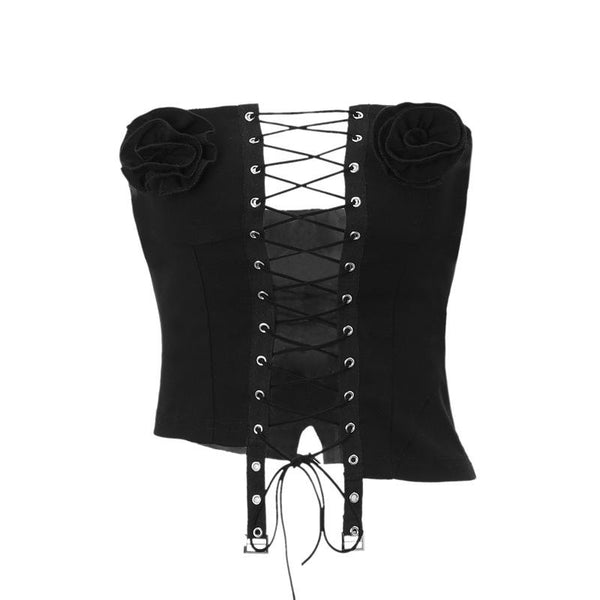 Bustier tube en jean à lacets et appliques florales 