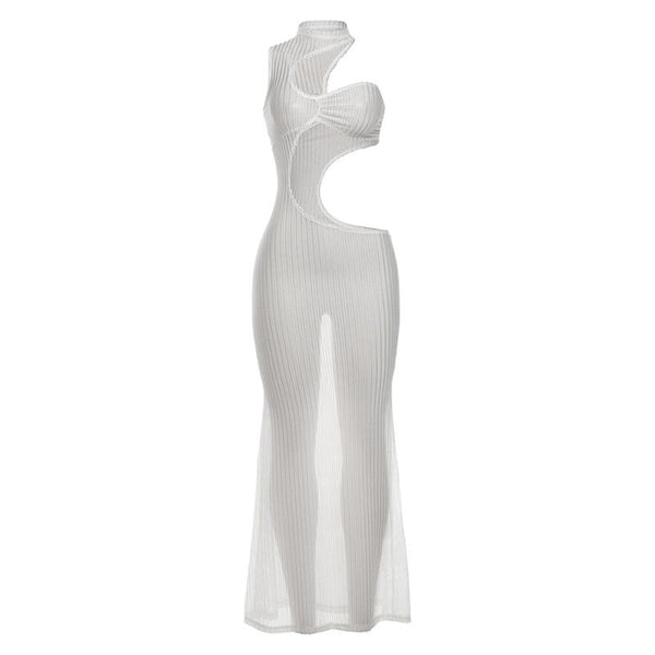 Robe longue à col ras du cou et à une épaule transparente 