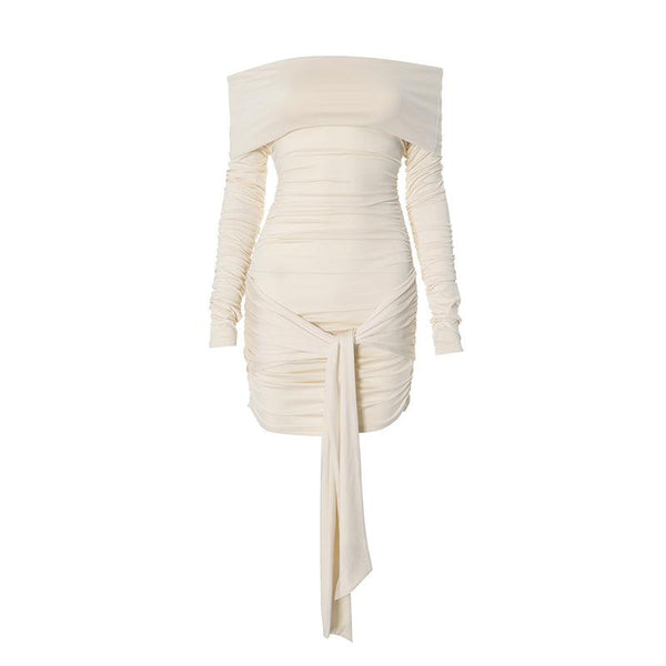 Mini-robe froncée nouée à manches longues et épaules dénudées 