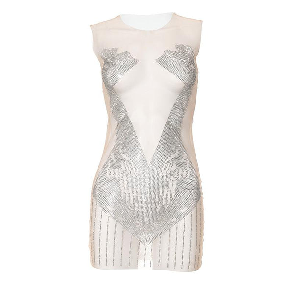 Robe courte transparente en patchwork de maille perlée et col ras du cou sans manches 