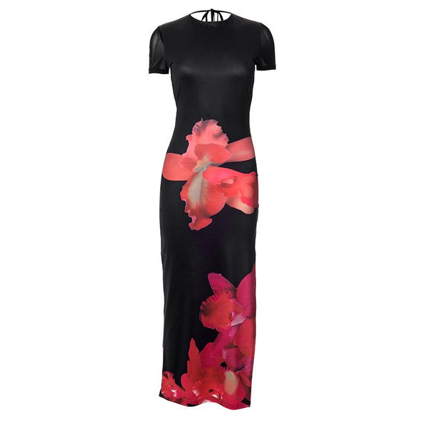 Robe longue fendue haute à imprimé fleuri et manches courtes 