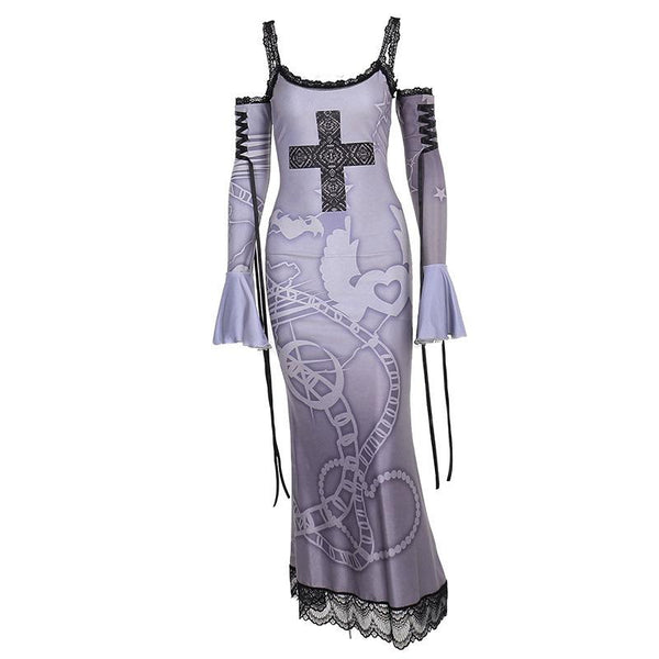 Robe longue camisole en dentelle à manches longues évasées et épaules dénudées 