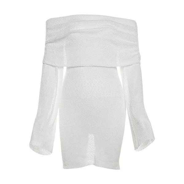 Mini-robe en tricot à manches longues et épaules dénudées 