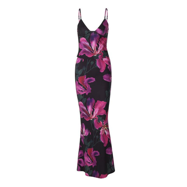 Ensemble jupe longue à imprimé floral et col en V contrasté 