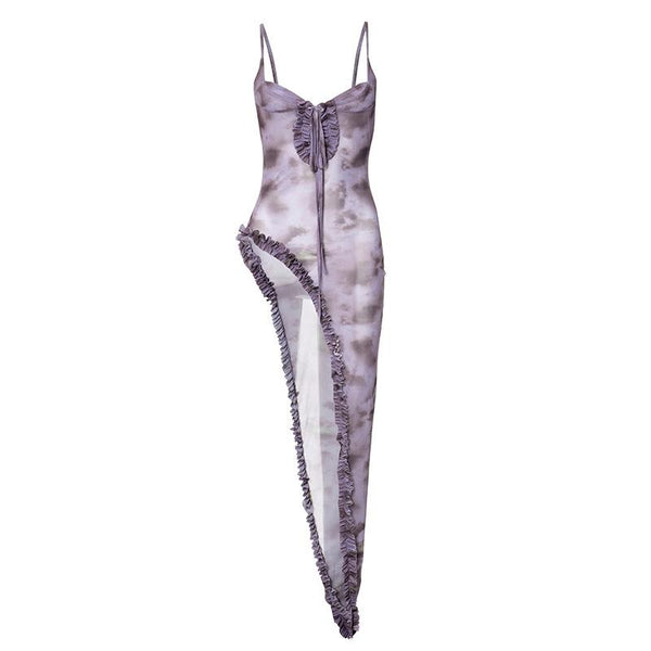 Robe longue camisole à volants et fente haute en maille à imprimé à nouer soi-même 