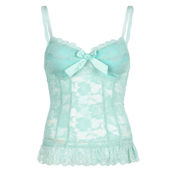 Haut caraco à volants et nœud papillon en dentelle à motif floral 