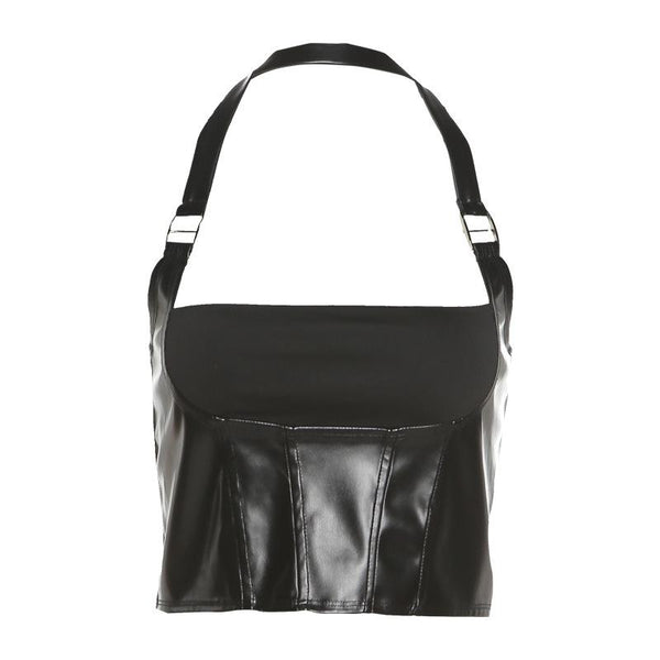 Haut uni en cuir PU avec fermeture éclair et boucle 