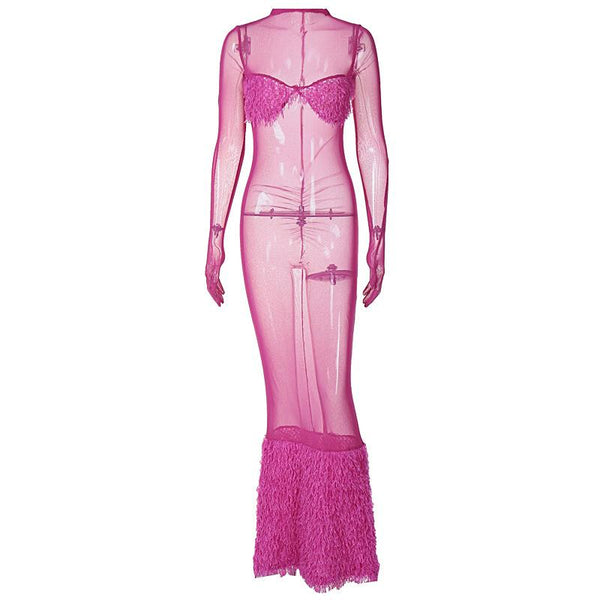 Robe longue transparente en maille plume et gants à manches longues | robe de tango rouge 