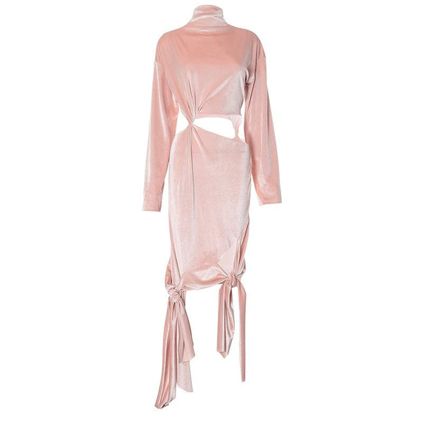 Robe midi nouée en velours à manches longues et col montant 