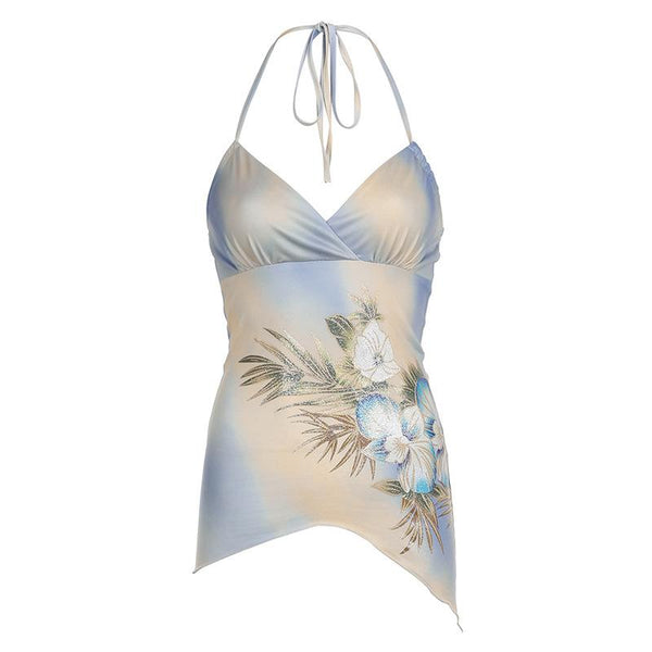 Haut dos nu froncé à col en V et imprimé tie dye 