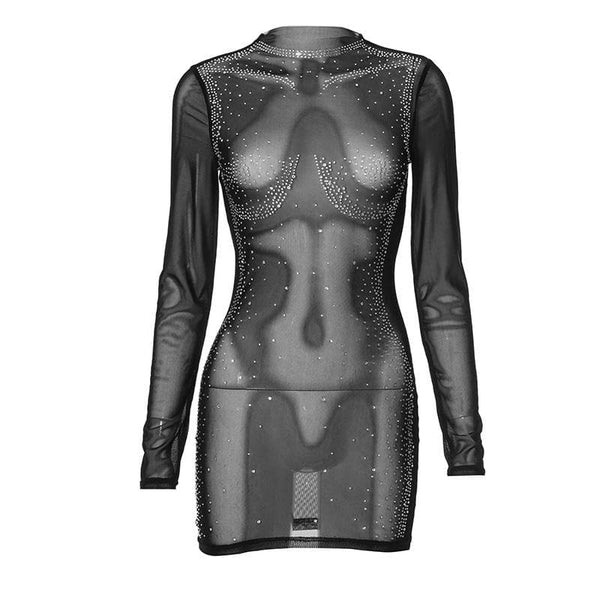 Robe courte à manches longues en maille transparente ornée de perles | Robe Samba 