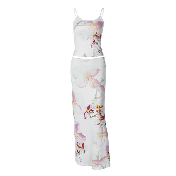 Ensemble jupe longue ajustable à imprimé floral et col en U 