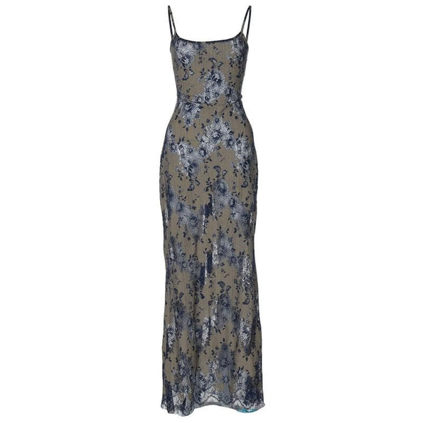 Robe longue camisole dos nu en dentelle avec ruban à lacets 