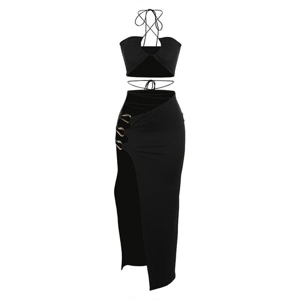 Robe longue fendue haute avec col licou croisé et anneau en O | Robe rave noire 