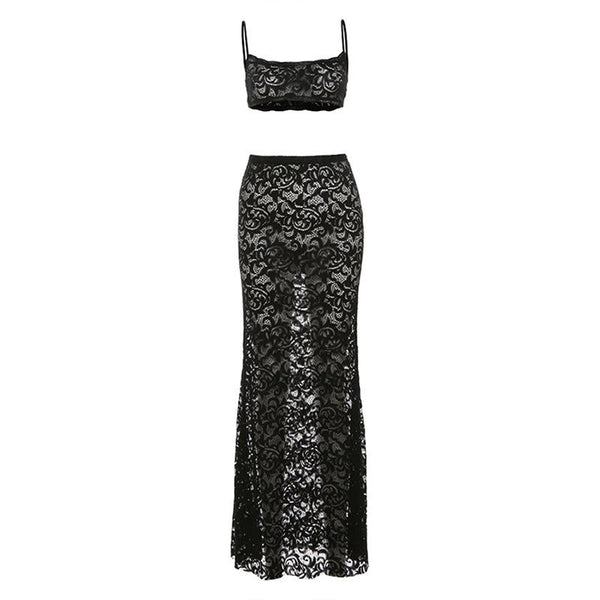 Ensemble jupe longue camisole dos nu en dentelle transparente à col en U 