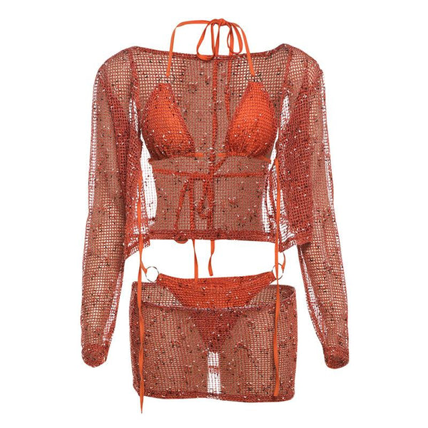 Ensemble mini-jupe 4 pièces à manches longues et col licou ajouré 