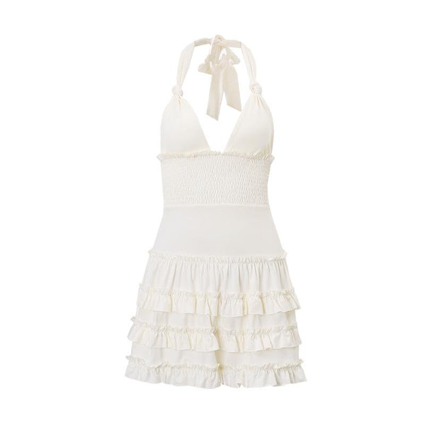 Mini-robe licou à volants froncés et nouée 