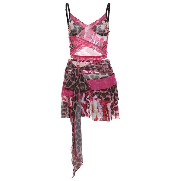 Ensemble jupe camisole nouée à fronces et ourlet en dentelle à col en V 