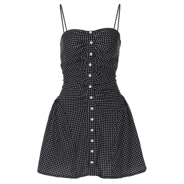 Mini-robe caraco froncée et boutons à pois 