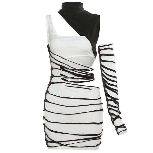 Robe mini à col montant et manches irrégulières ajourées contrastées 
