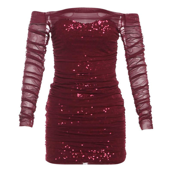 Mini-robe froncée en maille pailletée à manches longues et épaules dénudées 