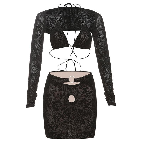 Ensemble mini-jupe 3 pièces avec col licou et anneau en O 