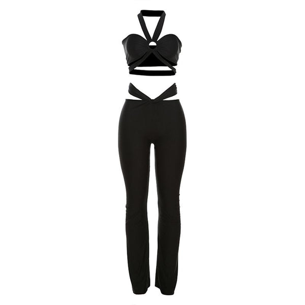 Ensemble pantalon court taille basse froncé à licou 